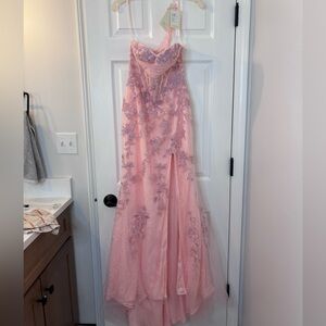 Stacees Pink Embroidered Prom Dress with Sheer Bodice